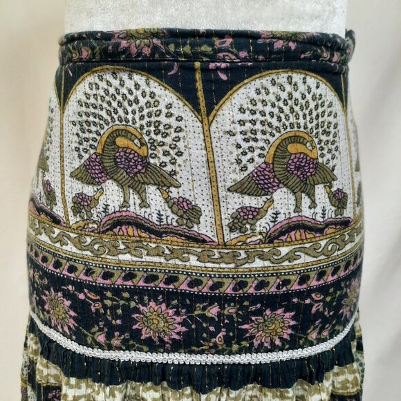 Tango Mango Midi skirt Size S Cotton Peacock Floral Print metallic Boho - Picture 4 of 9